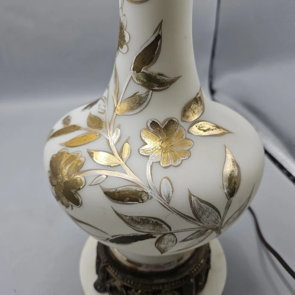 Vintage Gold Floral Milk Glass Table Lamp Marble Base 19